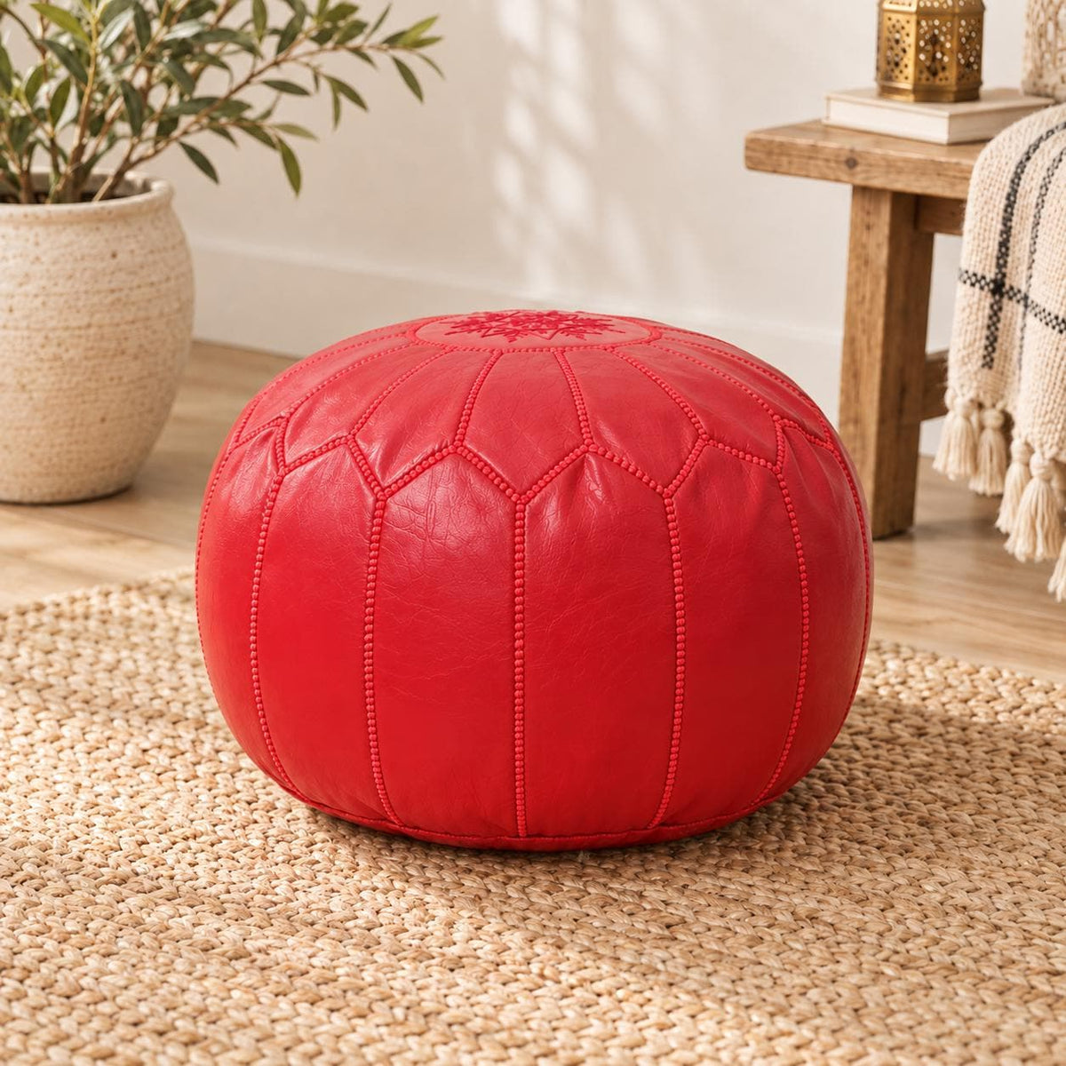 Round Leather Pouf Ottoman, Handmade Moroccan Footstool, Unstuffed Leather Pouf Cover, Living Room Footrest, Round Leather Floor Pouf