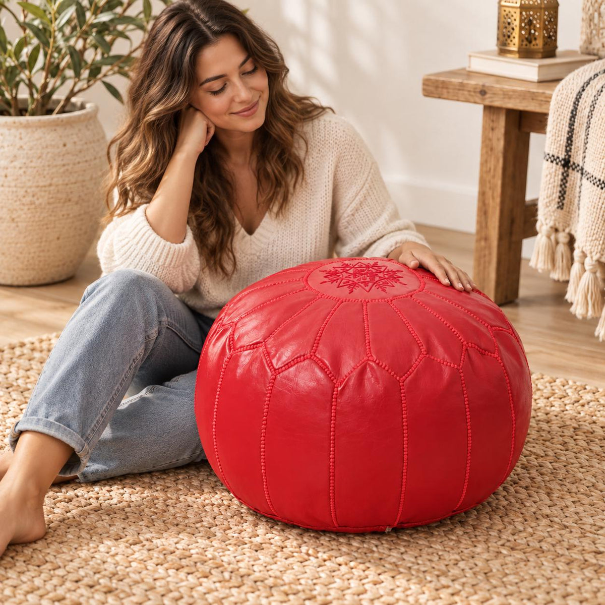 Round Leather Pouf Ottoman, Handmade Moroccan Footstool, Unstuffed Leather Pouf Cover, Living Room Footrest, Round Leather Floor Pouf