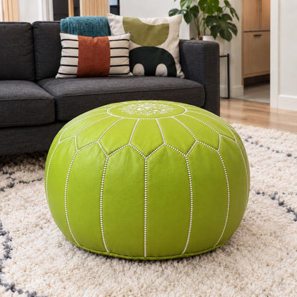 Round Leather Pouf Ottoman, Handmade Moroccan Footstool, Unstuffed Leather Cover, Living Room Floor Pouf, Footrest for Bedroom or Lounge