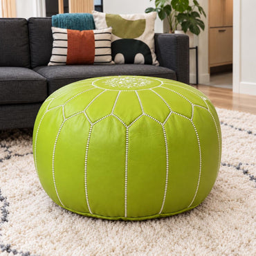 Round Leather Pouf Ottoman, Handmade Moroccan Footstool, Unstuffed Leather Cover, Living Room Floor Pouf, Footrest for Bedroom or Lounge