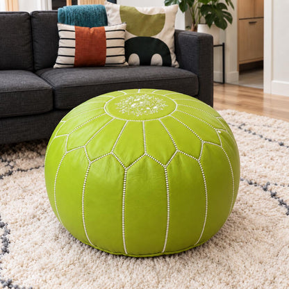 Round Leather Pouf Ottoman, Handmade Moroccan Footstool, Unstuffed Leather Pouf Cover, Living Room Footrest, Round Leather Floor Pouf