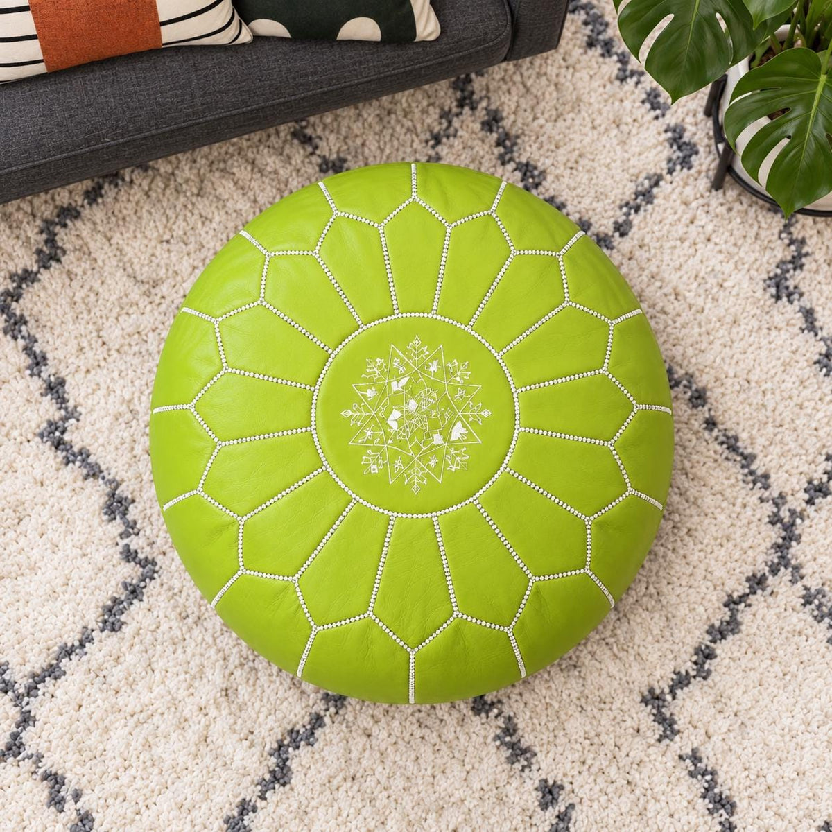 Round Leather Pouf Ottoman, Handmade Moroccan Footstool, Unstuffed Leather Pouf Cover, Living Room Footrest, Round Leather Floor Pouf