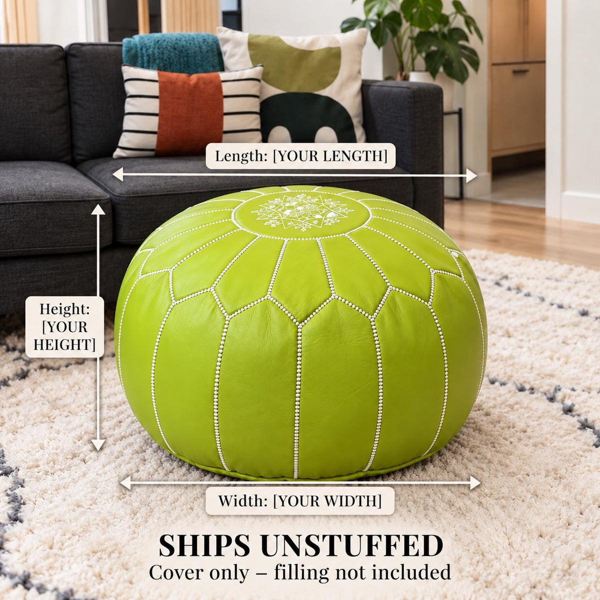 Round Leather Pouf Ottoman, Handmade Moroccan Footstool, Unstuffed Leather Pouf Cover, Living Room Footrest, Round Leather Floor Pouf