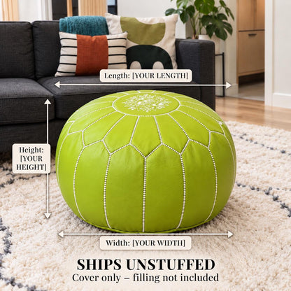 Round Leather Pouf Ottoman, Handmade Moroccan Footstool, Unstuffed Leather Pouf Cover, Living Room Footrest, Round Leather Floor Pouf