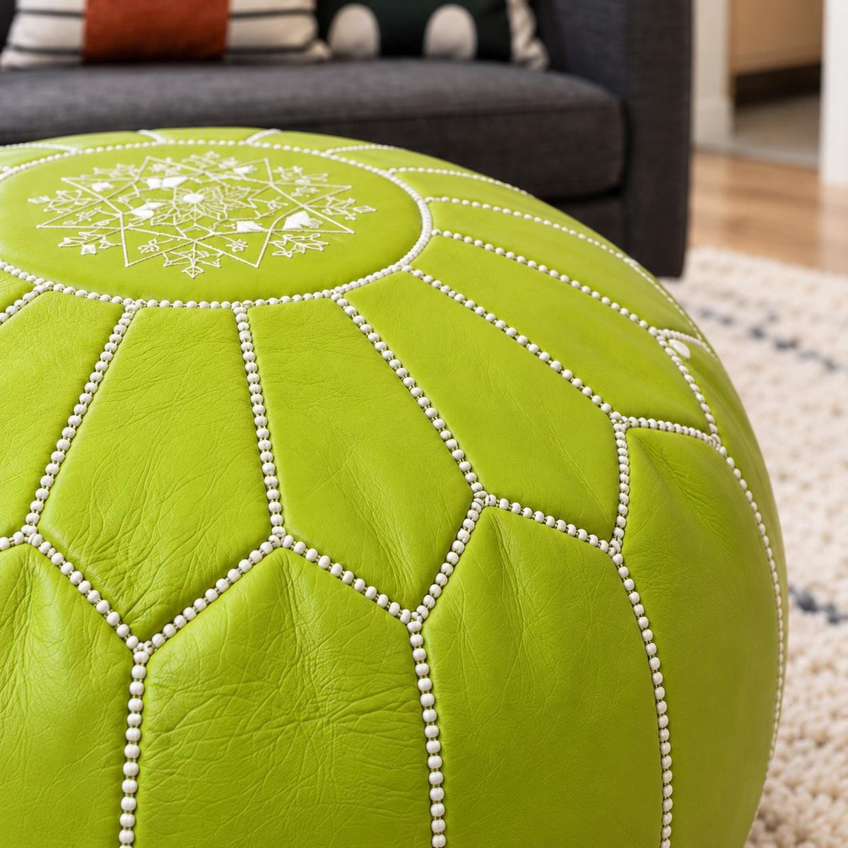Round Leather Pouf Ottoman, Handmade Moroccan Footstool, Unstuffed Leather Cover, Living Room Floor Pouf, Footrest for Bedroom or Lounge