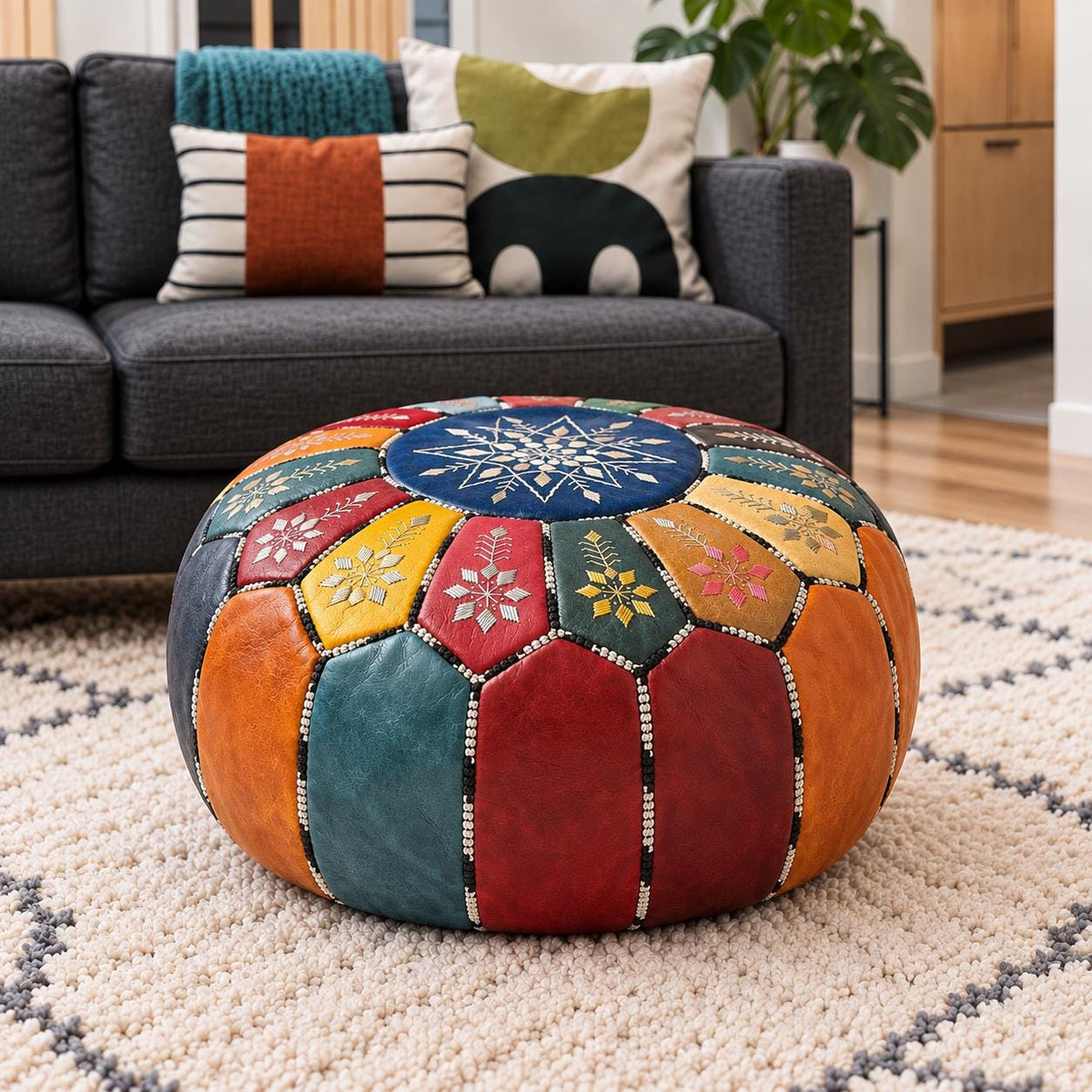 Handmade Leather Pouf Ottoman, Round Floor Cushion, Genuine Leather Footstool, Meditation Seat, Vintage Moroccan Pouf, Small Coffee Table
