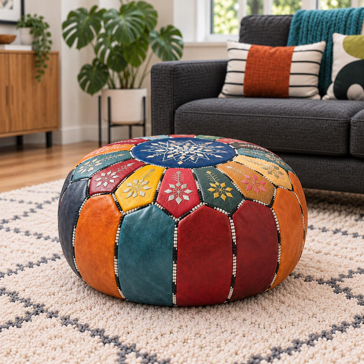 Handmade Leather Pouf Ottoman, Round Floor Cushion, Genuine Leather Footstool, Meditation Seat, Vintage Moroccan Pouf, Small Coffee Table