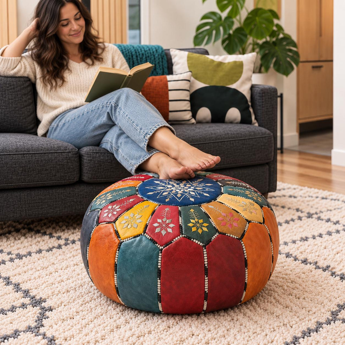 Handmade Leather Pouf Ottoman, Round Floor Cushion, Genuine Leather Footstool, Meditation Seat, Vintage Moroccan Pouf, Small Coffee Table