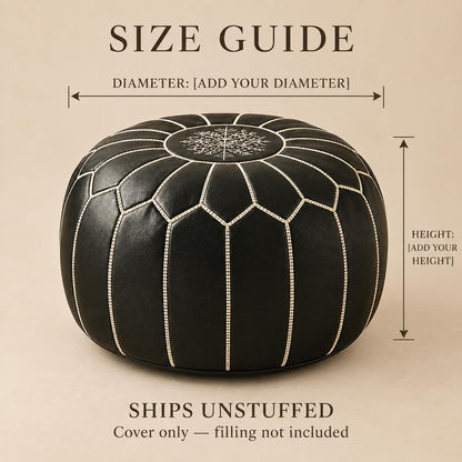 Black Round Leather Pouf Ottoman Cover, handmade Moroccan Unstuffed Footstool