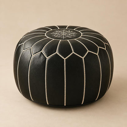 Black Round Leather Pouf Ottoman Cover, handmade Moroccan Unstuffed Footstool