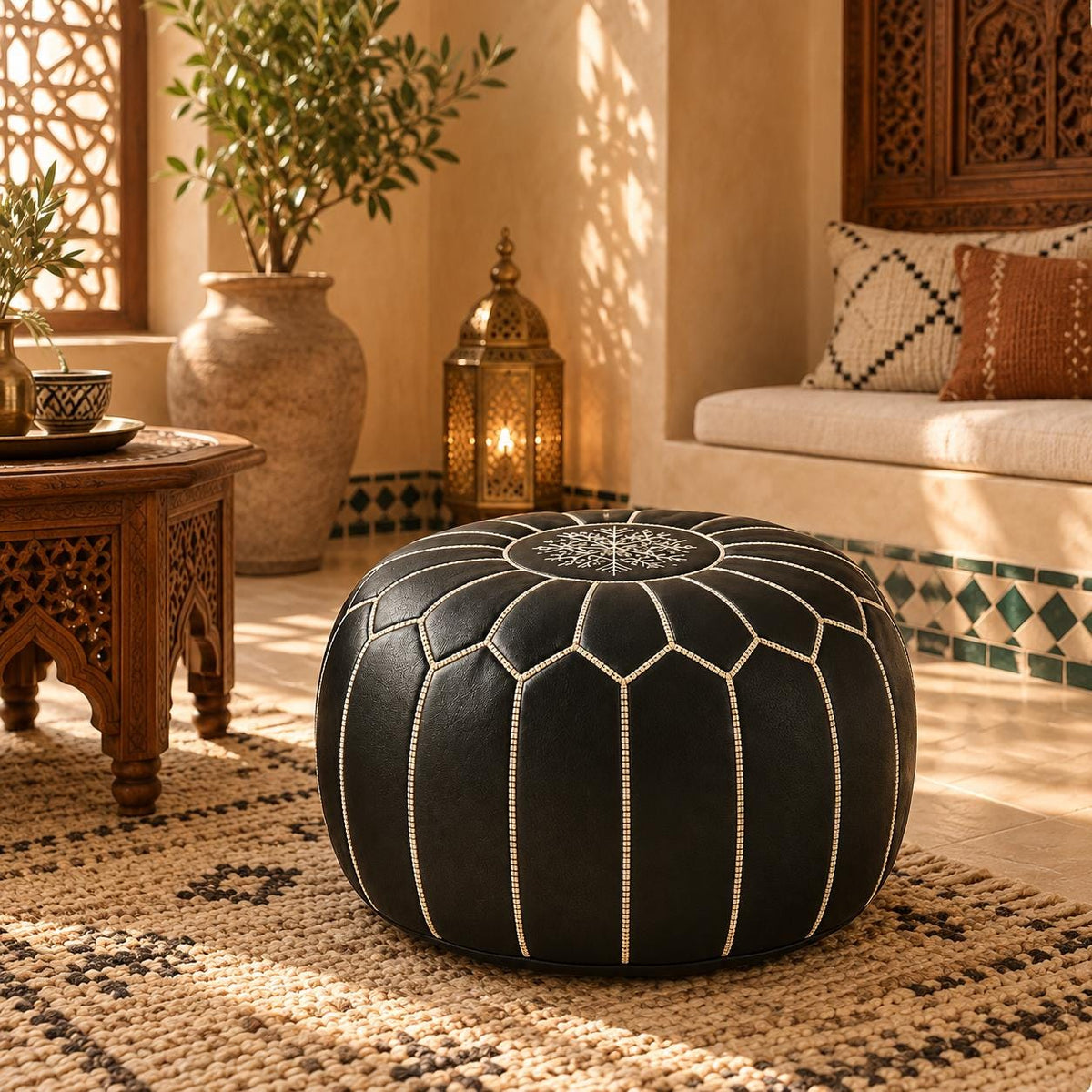 Black Round Leather Pouf Ottoman Cover, handmade Moroccan Unstuffed Footstool