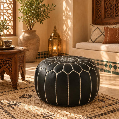 Black Round Leather Pouf Ottoman Cover, handmade Moroccan Unstuffed Footstool