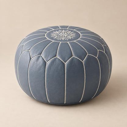 Round Leather Pouf Ottoman Cover, Unstuffed Moroccan Footstool, Handmade Leather Floor Pouf, Living Room Footrest,