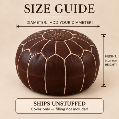 Round Leather Ottoman Pouf Cover, Brown Unstuffed Footstool, Moroccan Handmade Leather Floor Decor, Boho Living Room Footrest