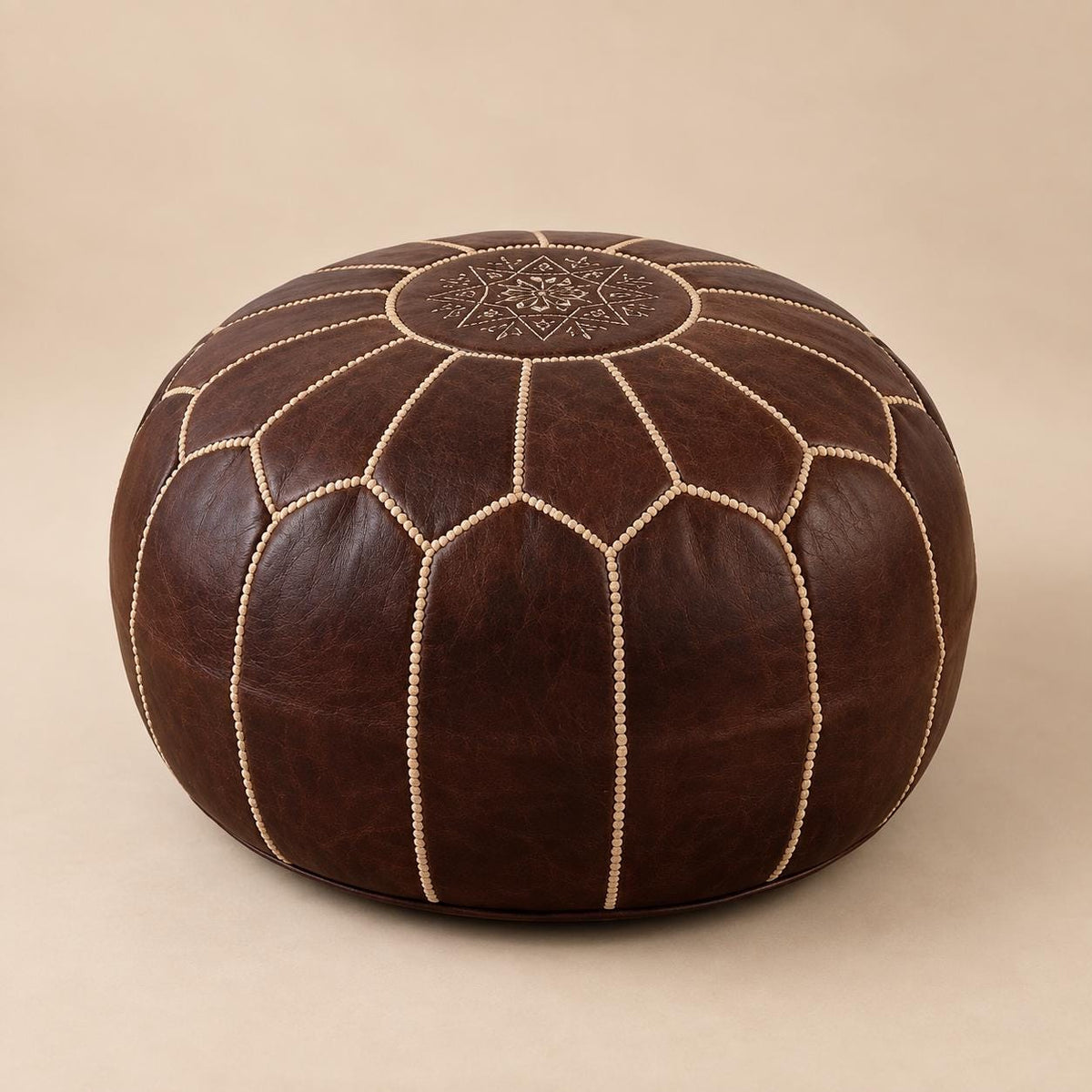 Round Leather Ottoman Pouf Cover, Brown Unstuffed Footstool, Moroccan Handmade Leather Floor Decor, Boho Living Room Footrest