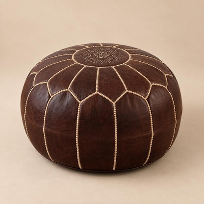 Round Leather Ottoman Pouf Cover, Brown Unstuffed Footstool, Moroccan Handmade Leather Floor Decor, Boho Living Room Footrest