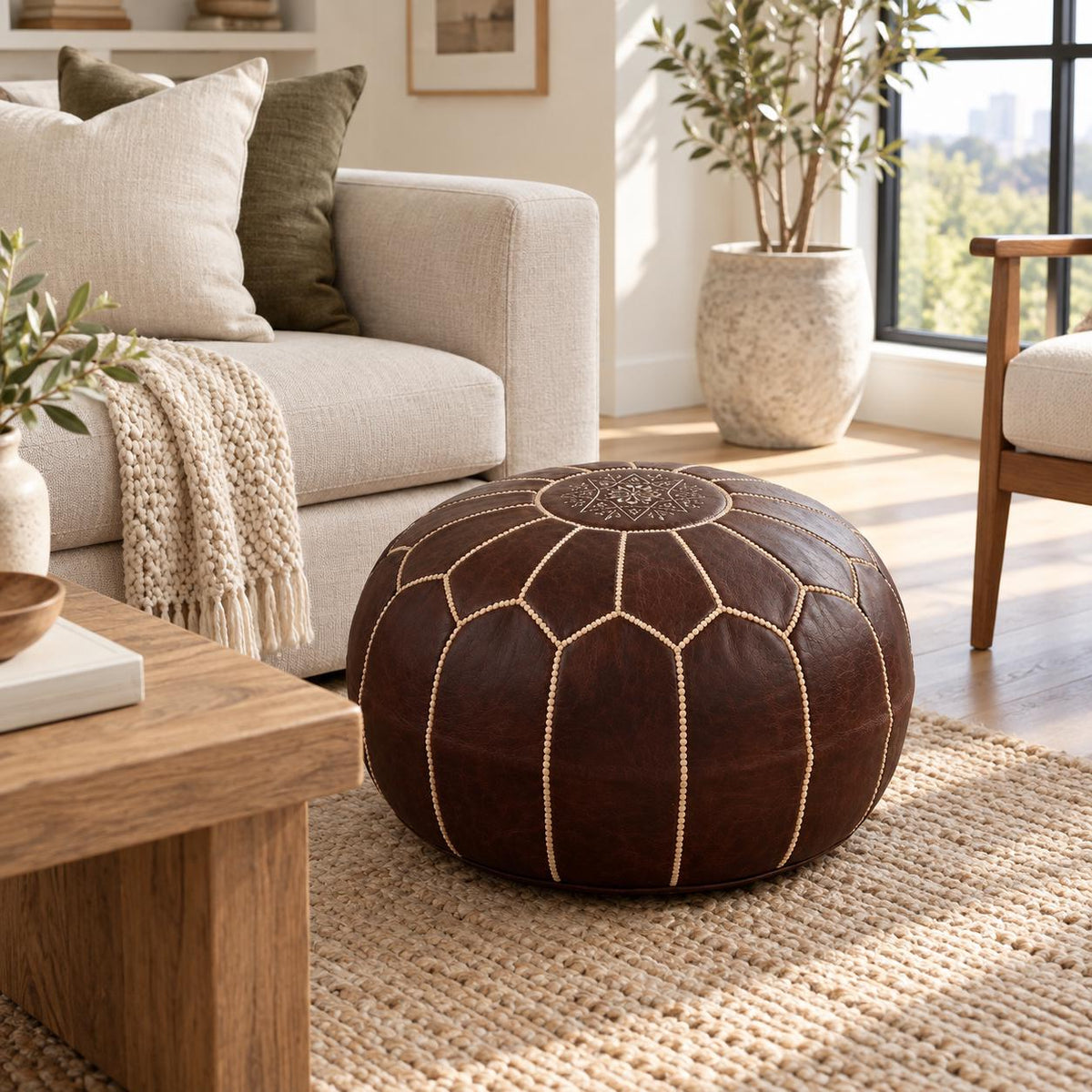 Round Leather Ottoman Pouf Cover, Brown Unstuffed Footstool, Moroccan Handmade Leather Floor Decor, Boho Living Room Footrest