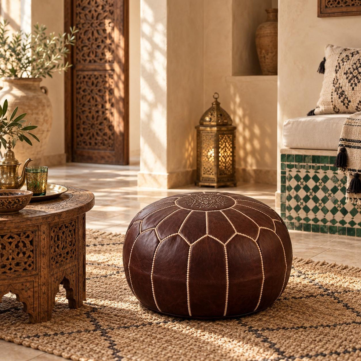 Round Leather Ottoman Pouf Cover, Brown Unstuffed Footstool, Moroccan Handmade Leather Floor Decor, Boho Living Room Footrest