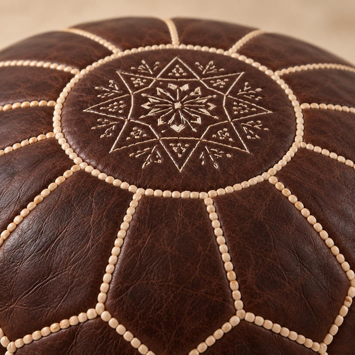 Round Leather Ottoman Pouf Cover, Brown Unstuffed Footstool, Moroccan Handmade Leather Floor Decor, Boho Living Room Footrest