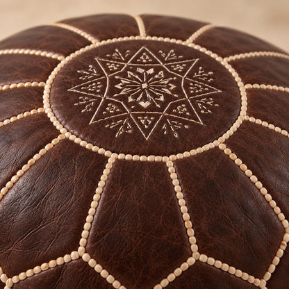 Round Leather Ottoman Pouf Cover, Brown Unstuffed Footstool, Moroccan Handmade Leather Floor Decor, Boho Living Room Footrest
