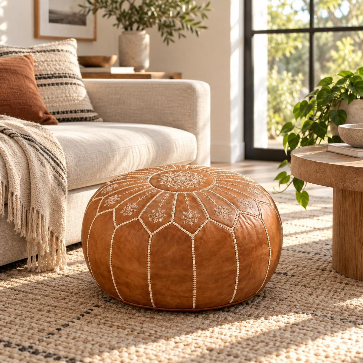 Round Leather Ottoman Pouf Cover, Moroccan Handmade Leather Floor Decor, Unstuffed Footstool, Boho Living Room Footrest,
