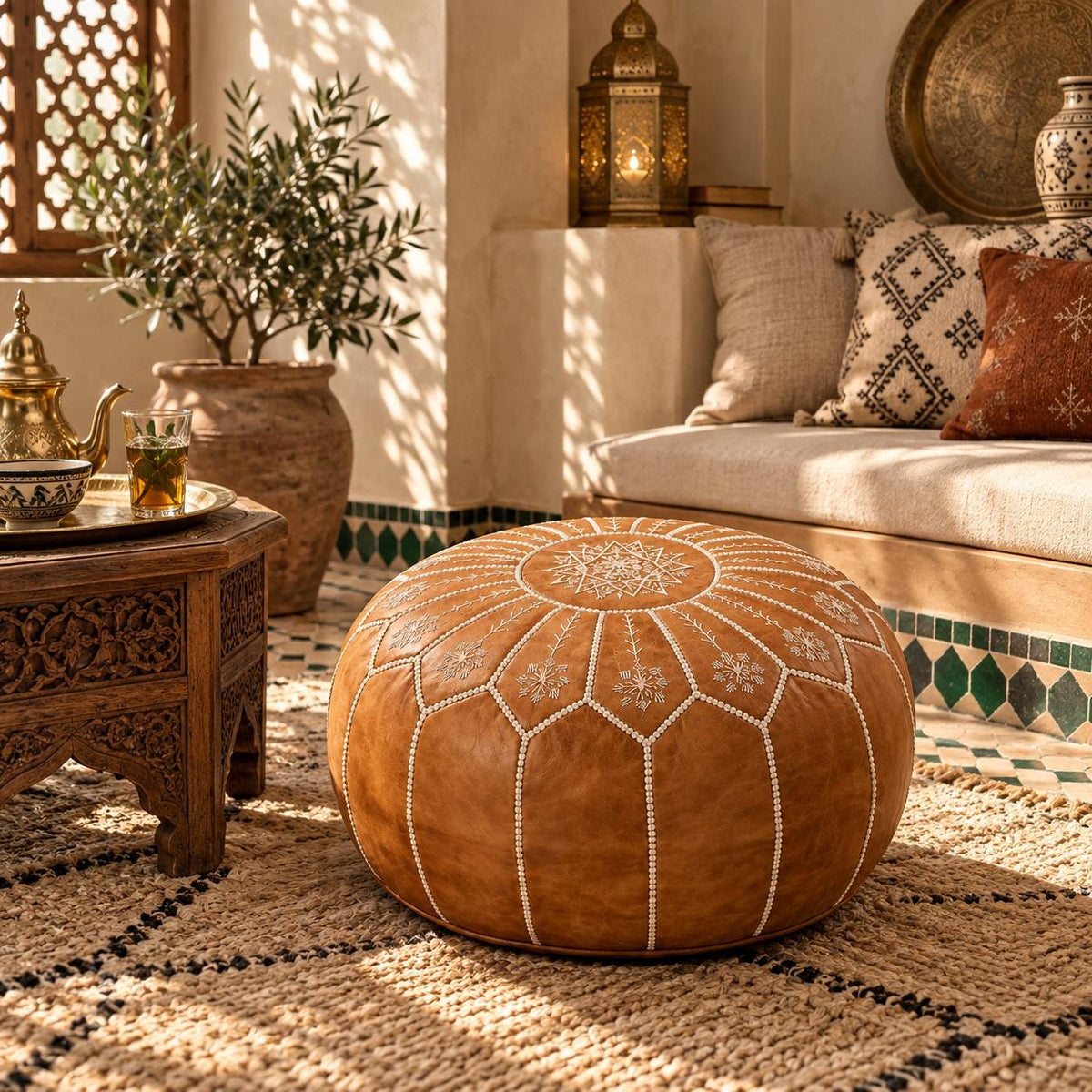 Round Leather Ottoman Pouf Cover, Moroccan Handmade Leather Floor Decor, Unstuffed Footstool, Boho Living Room Footrest,