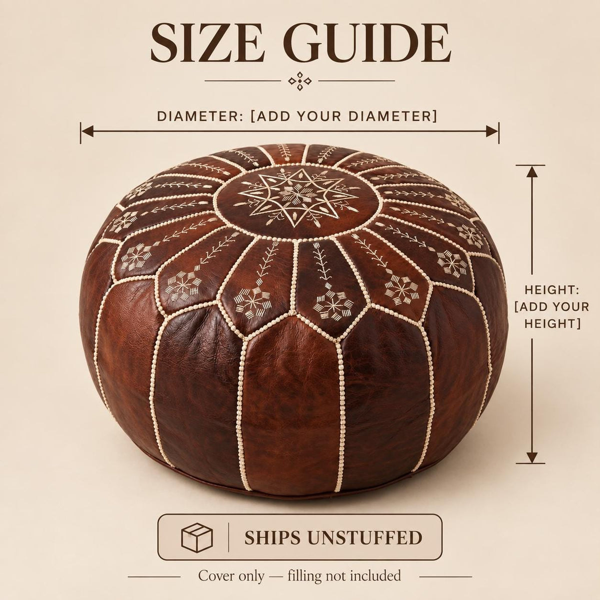Brown Round Leather Ottoman Pouf Cover, Moroccan Handmade Leather Floor Decor, Unstuffed Footstool, Boho Living Room Footrest,