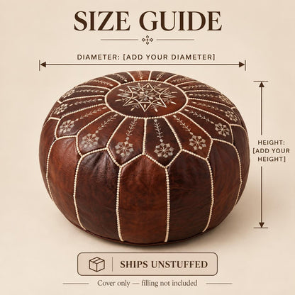 Brown Round Leather Ottoman Pouf Cover, Moroccan Handmade Leather Floor Decor, Unstuffed Footstool, Boho Living Room Footrest,