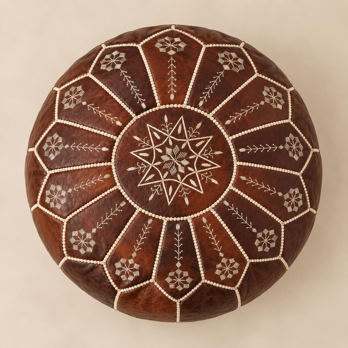 Brown Round Leather Ottoman Pouf Cover, Moroccan Handmade Leather Floor Decor, Unstuffed Footstool, Boho Living Room Footrest,