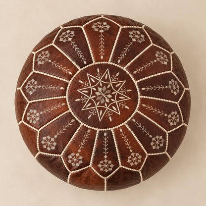 Brown Round Leather Ottoman Pouf Cover, Moroccan Handmade Leather Floor Decor, Unstuffed Footstool, Boho Living Room Footrest,