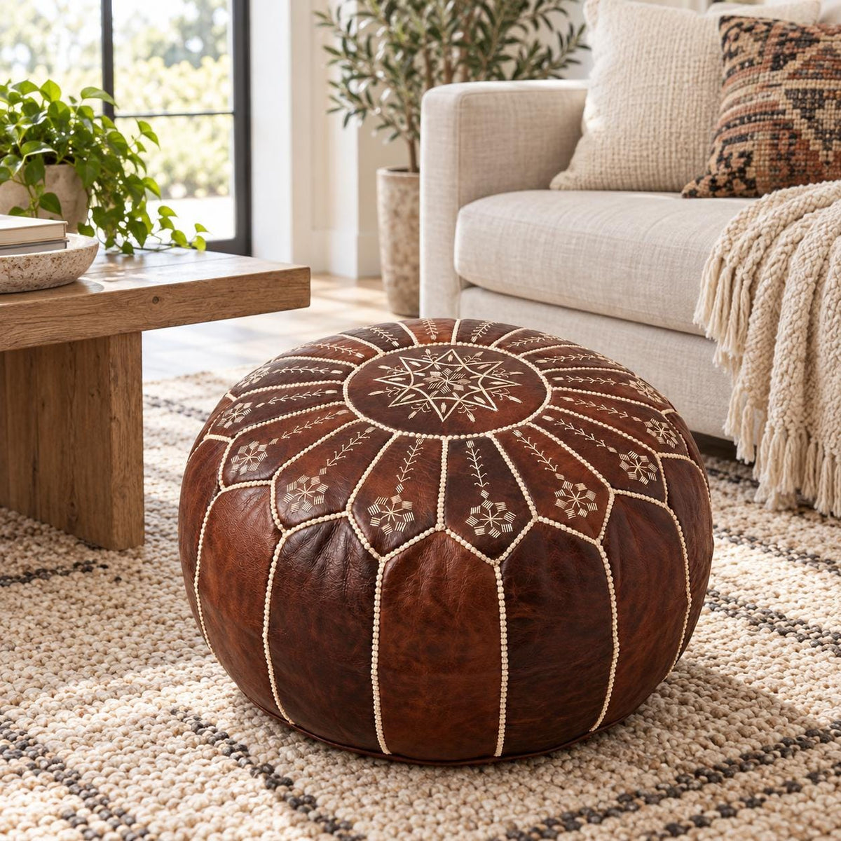 Brown Round Leather Ottoman Pouf Cover, Moroccan Handmade Leather Floor Decor, Unstuffed Footstool, Boho Living Room Footrest,