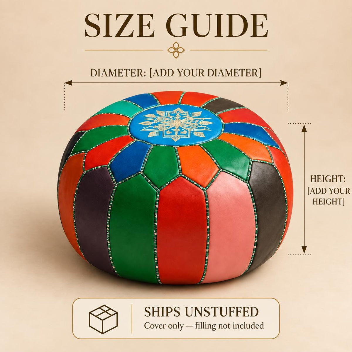Round Leather Ottoman Pouf Cover, Moroccan Handmade Leather Floor Decor, Unstuffed Footstool, Boho Living Room Footrest,