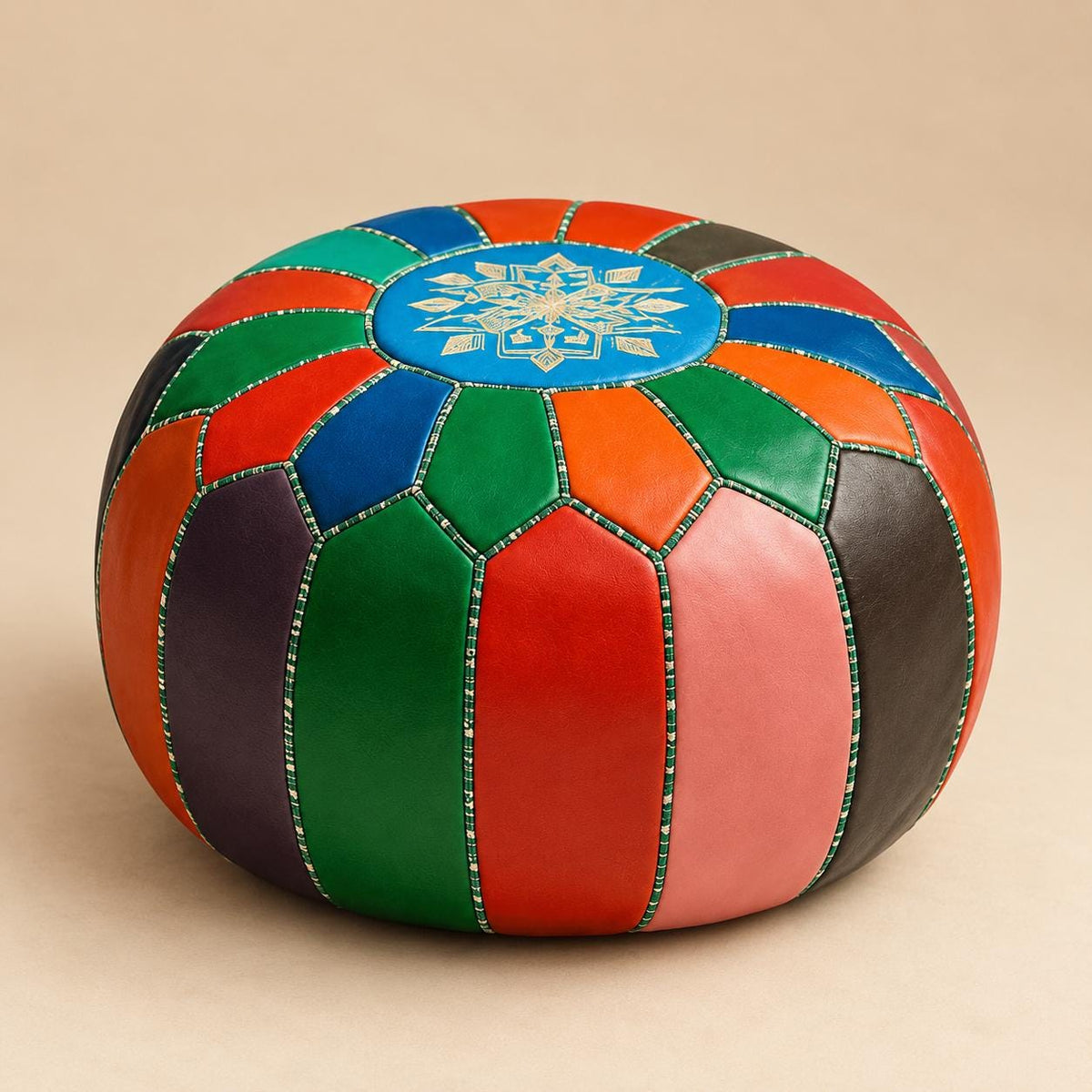 Round Leather Ottoman Pouf Cover, Moroccan Handmade Leather Floor Decor, Unstuffed Footstool, Boho Living Room Footrest,