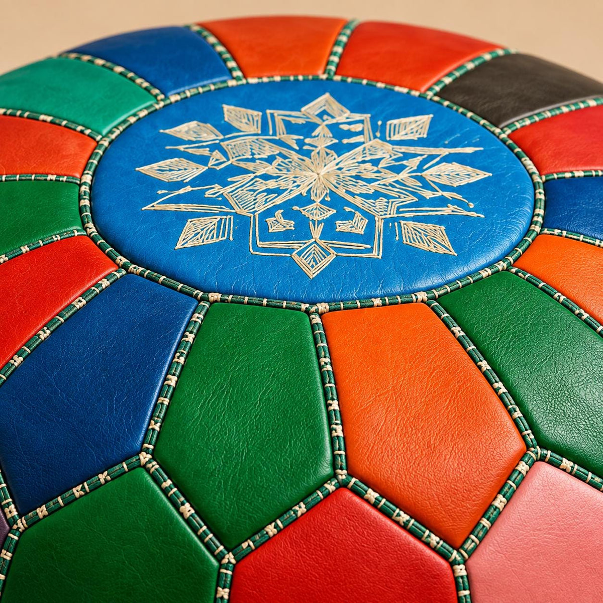 Round Leather Ottoman Pouf Cover, Moroccan Handmade Leather Floor Decor, Unstuffed Footstool, Boho Living Room Footrest,