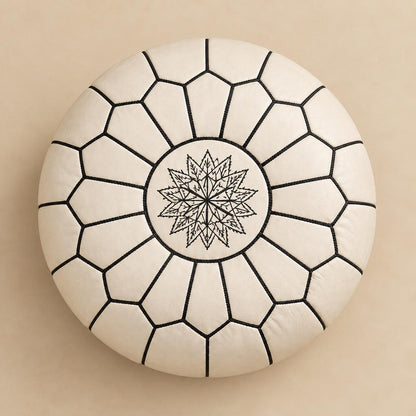 White Round Leather Ottoman Pouf Cover, Moroccan Handmade Leather Floor Decor, Unstuffed Footstool, Boho Living Room Footrest,