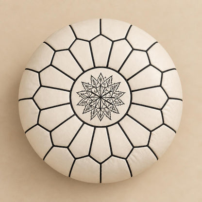 White Round Leather Ottoman Pouf Cover, Moroccan Handmade Leather Floor Decor, Unstuffed Footstool, Boho Living Room Accent Piece