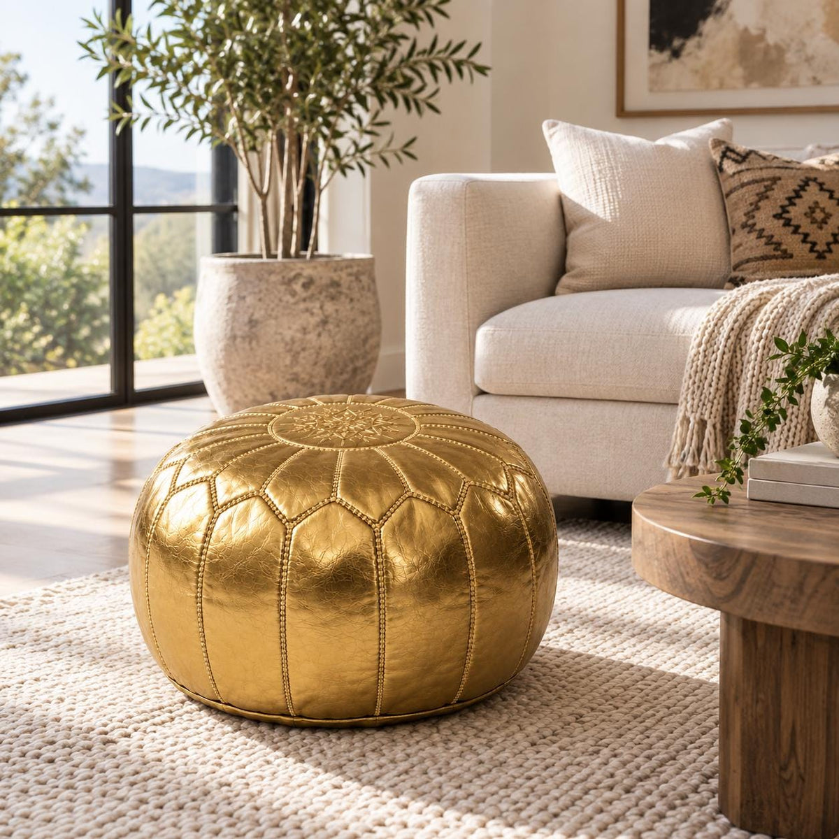 Round Leather Ottoman Pouf Cover, Moroccan Handmade Leather Floor Decor, Unstuffed Footstool, Boho Living Room Footrest,