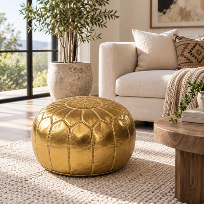 Round Leather Ottoman Pouf Cover, Moroccan Handmade Leather Floor Decor, Unstuffed Footstool, Boho Living Room Footrest,