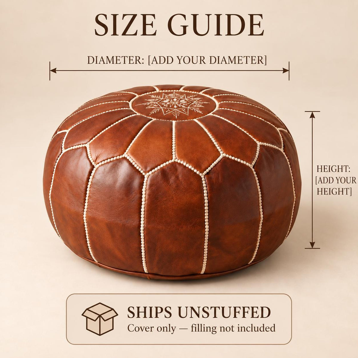 Round Leather Ottoman Pouf Cover, Moroccan Handmade Leather Floor Decor, Unstuffed Footstool, Boho Living Room Footrest,
