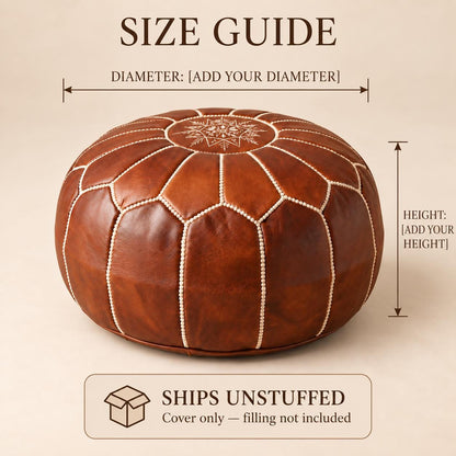 Round Leather Ottoman Pouf Cover, Moroccan Handmade Leather Floor Decor, Unstuffed Footstool, Boho Living Room Footrest,