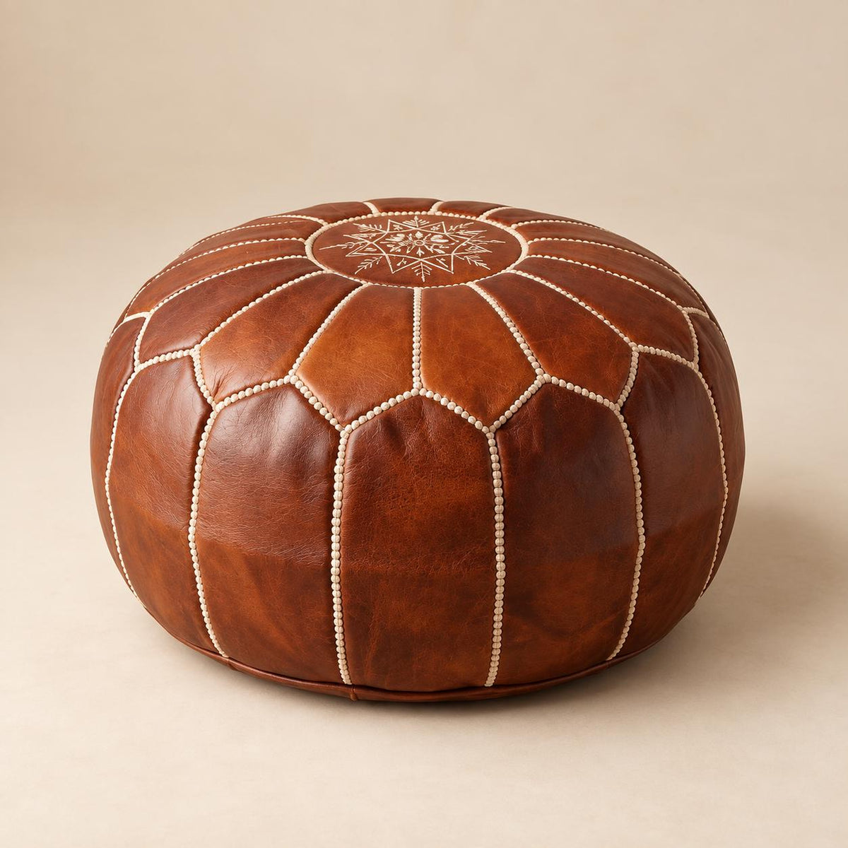 Round Leather Ottoman Pouf Cover, Moroccan Handmade Leather Floor Decor, Unstuffed Footstool, Boho Living Room Footrest,