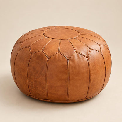 Round Leather Ottoman Pouf Cover, Moroccan Handmade Leather Floor Decor, Unstuffed Footstool, Boho Living Room Footrest,