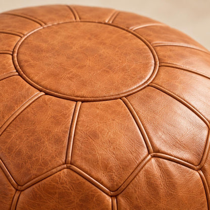 Round Leather Ottoman Pouf Cover, Moroccan Handmade Leather Floor Decor, Unstuffed Footstool, Boho Living Room Footrest,