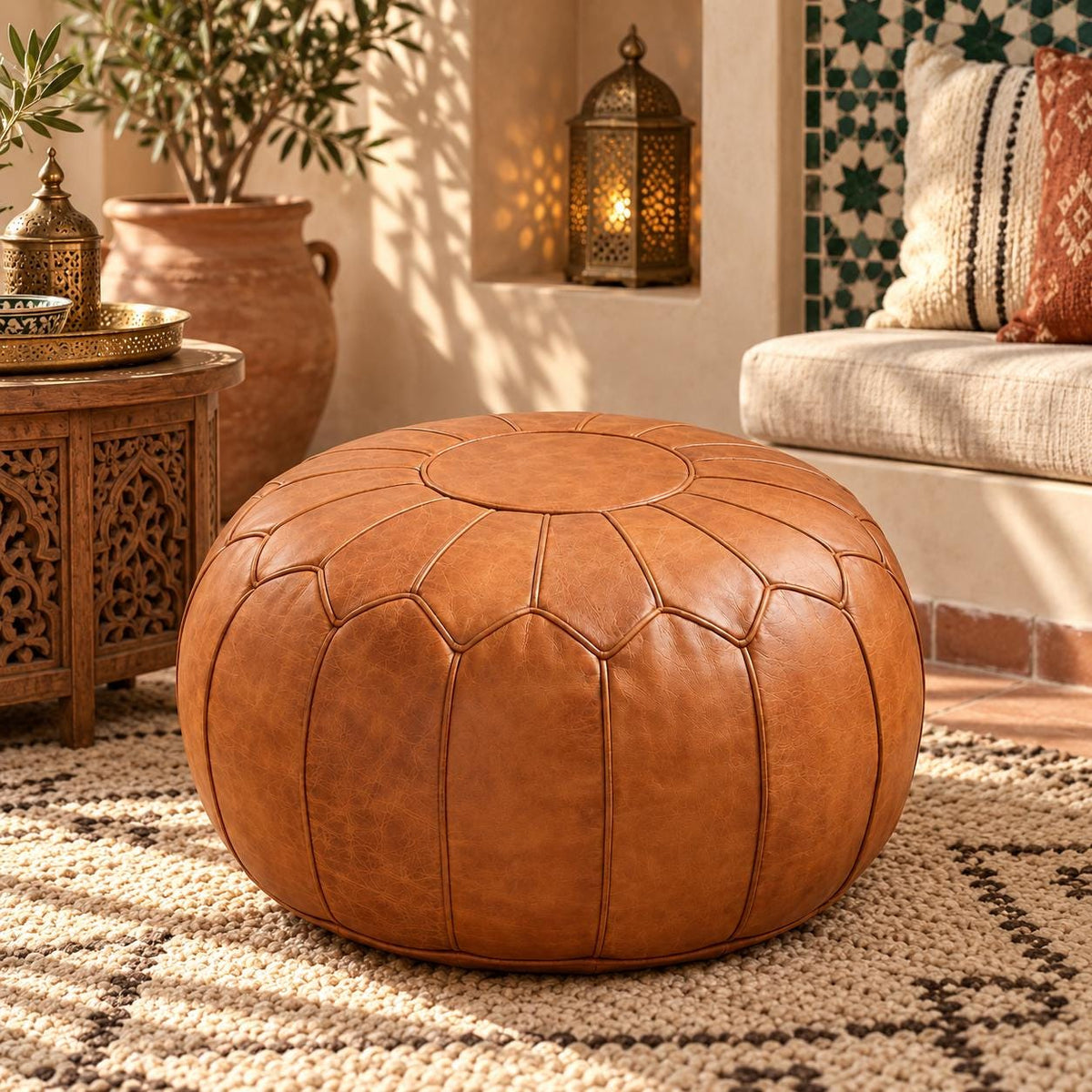 Round Leather Ottoman Pouf Cover, Moroccan Handmade Leather Floor Decor, Unstuffed Footstool, Boho Living Room Footrest,