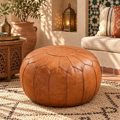 Round Leather Ottoman Pouf Cover, Moroccan Handmade Leather Floor Decor, Unstuffed Footstool, Boho Living Room Footrest,