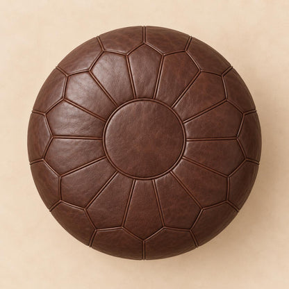 Brown Leather Ottoman Pouf Cover, Moroccan Handmade Leather Floor Decor, Unstuffed Footstool, Boho Living Room Footrest, Round Leather Pouf