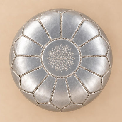 Leather Pouf Ottoman Cover, Moroccan Handmade Round Leather Floor Decor, Unstuffed Boho Living Room Footrest, Silver Leather Pouf