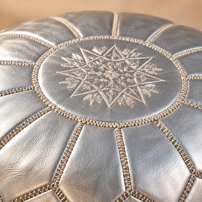 Leather Pouf Ottoman Cover, Moroccan Handmade Round Leather Floor Decor, Unstuffed Boho Living Room Footrest, Silver Leather Pouf