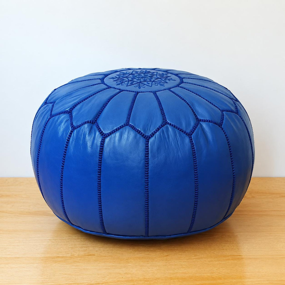 Blue Round Leather Pouf Ottoman, Handmade Moroccan Footstool, Unstuffed Leather Floor Pouf Cover, Living Room Footrest, Floor Seating