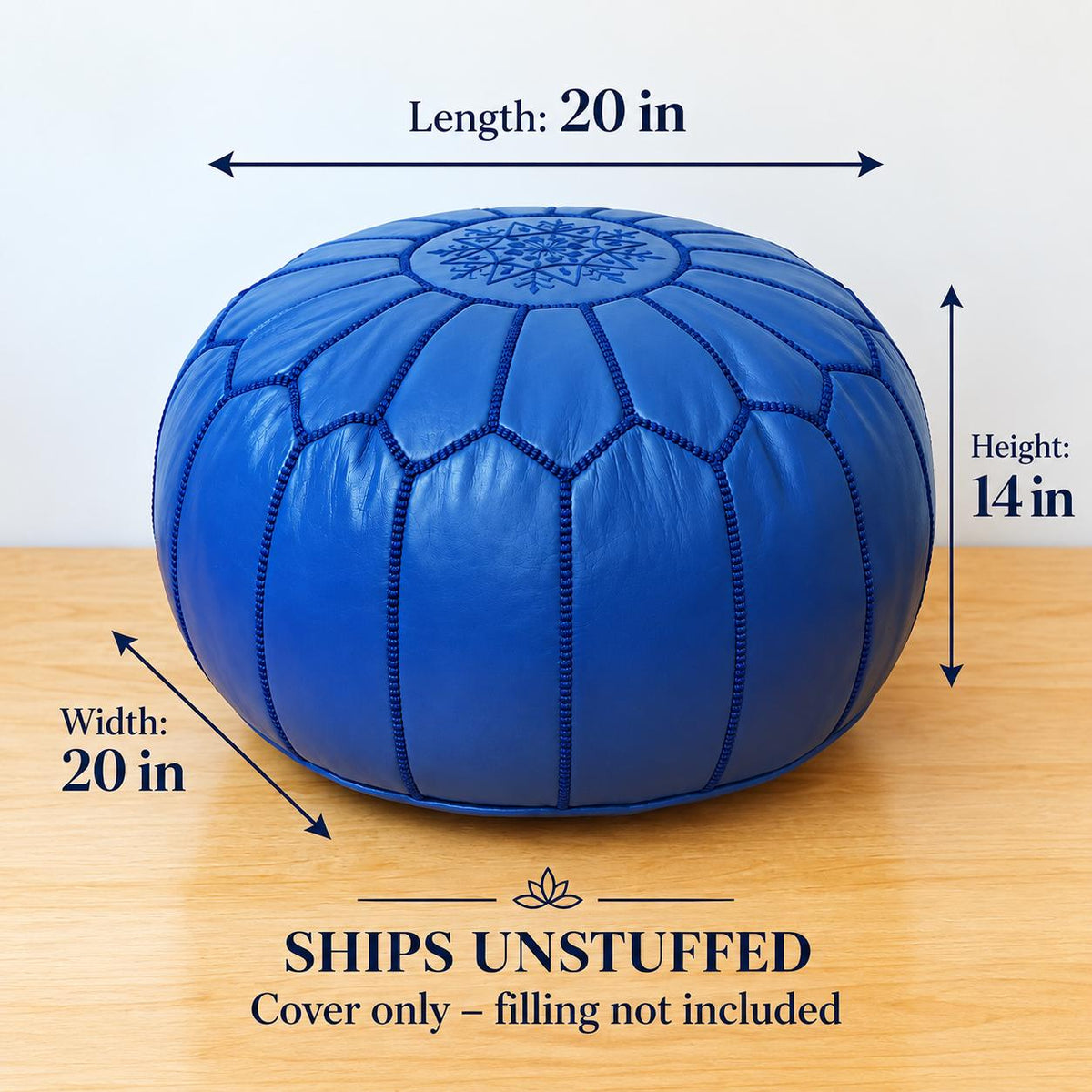 Blue Round Leather Pouf Ottoman, Handmade Moroccan Footstool, Unstuffed Leather Pouf Cover, Living Room Footrest, Round Leather Floor Pouf